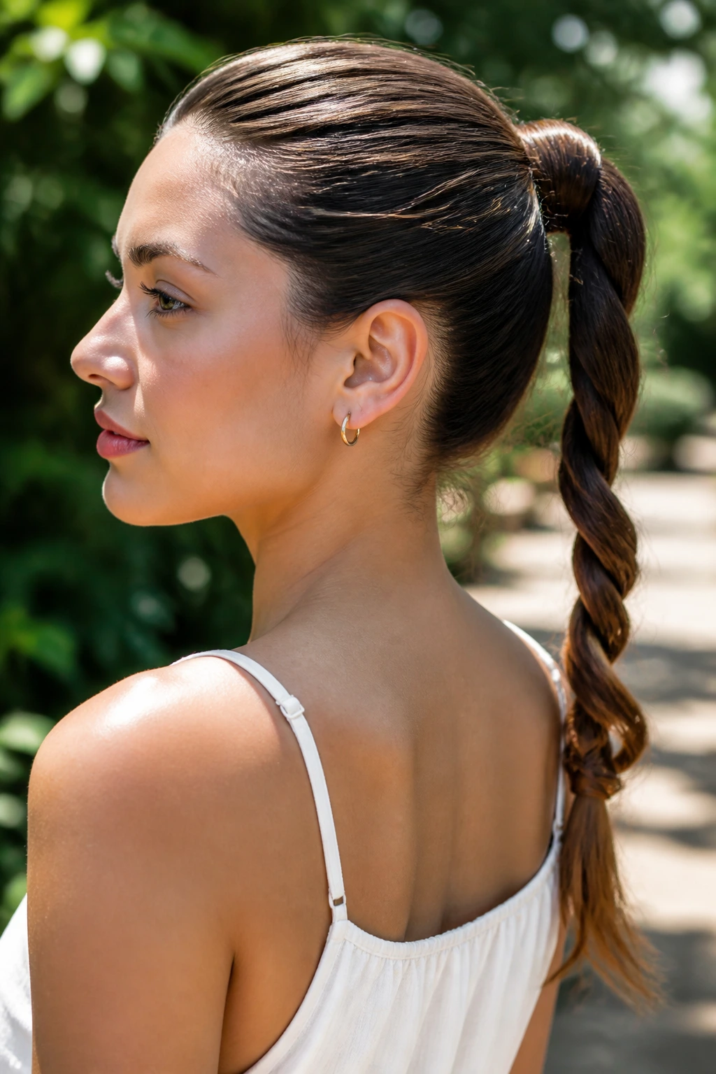 Portrait of a woman with a rope-twist ponytail in sunny garden.