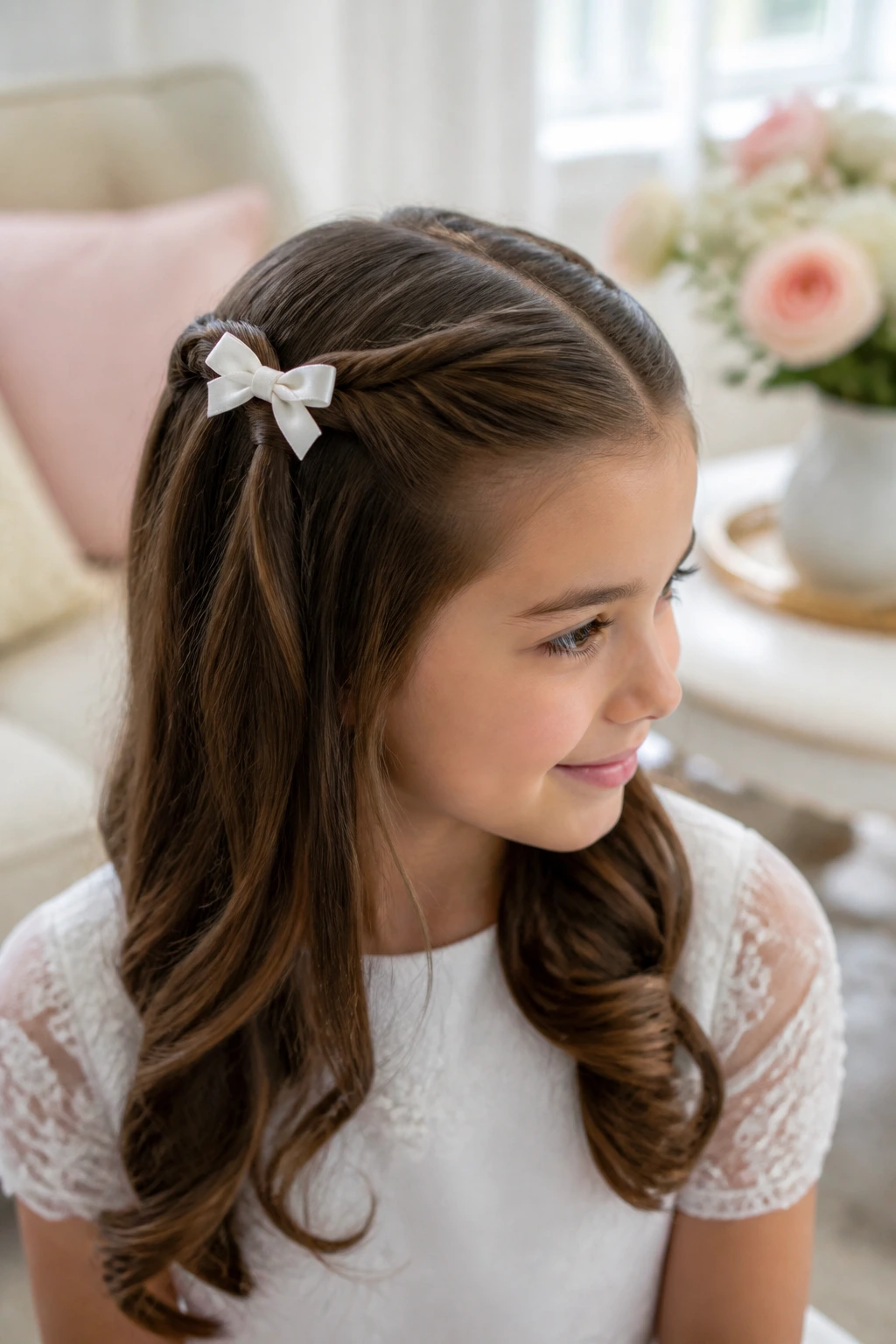 Close-up of rope-twist half-up with a satin bow on a real child