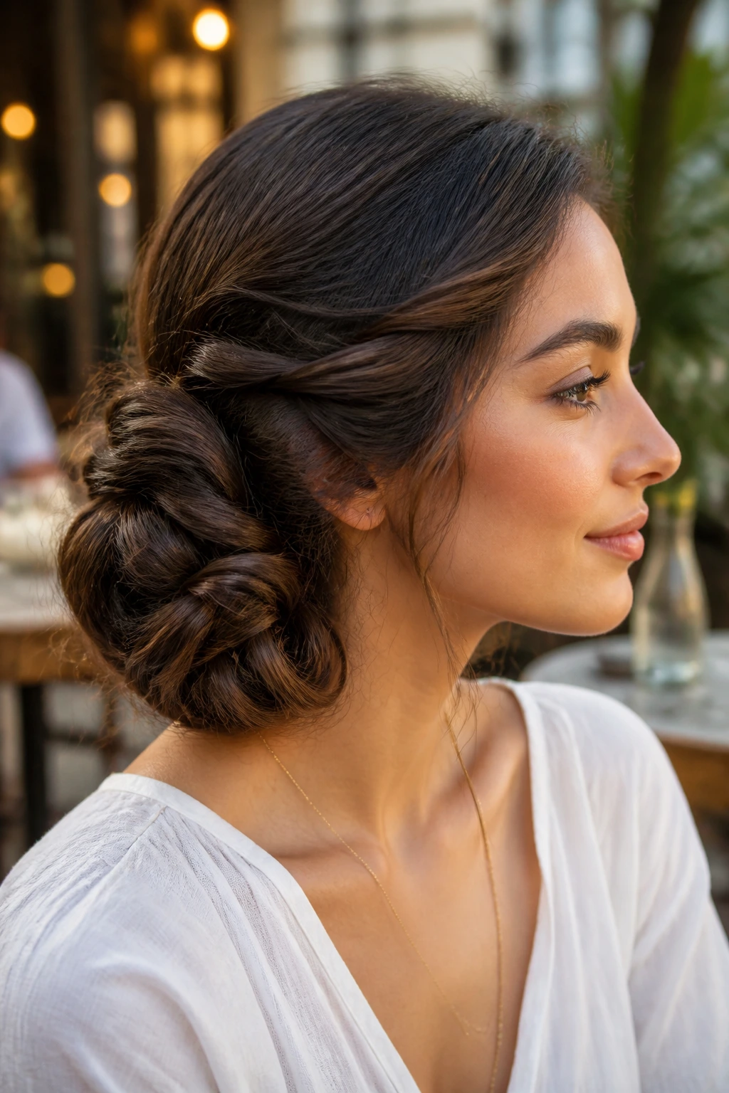 Side-profile of a real person with a rope-twist side bun in golden hour light.