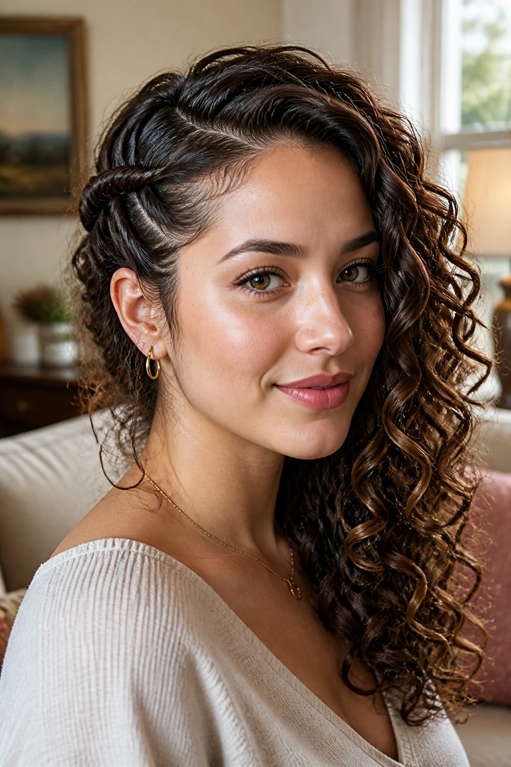 Close-up of a real person with a rope-twist side sweep and loose curls