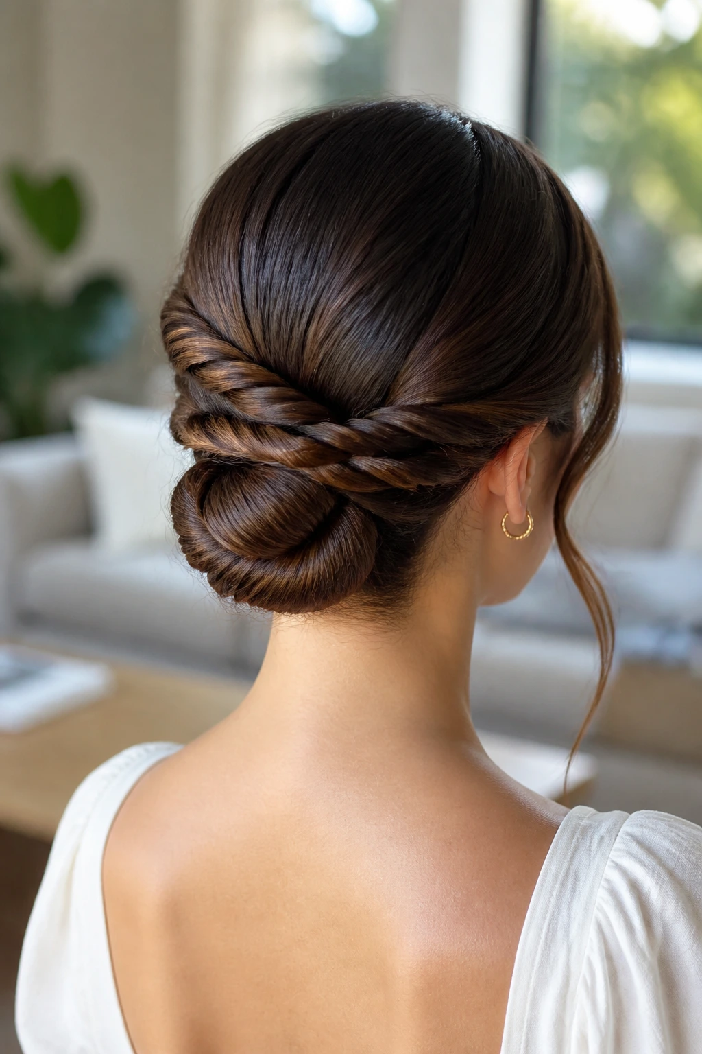 Back view rope-twist updo with smooth base on real person
