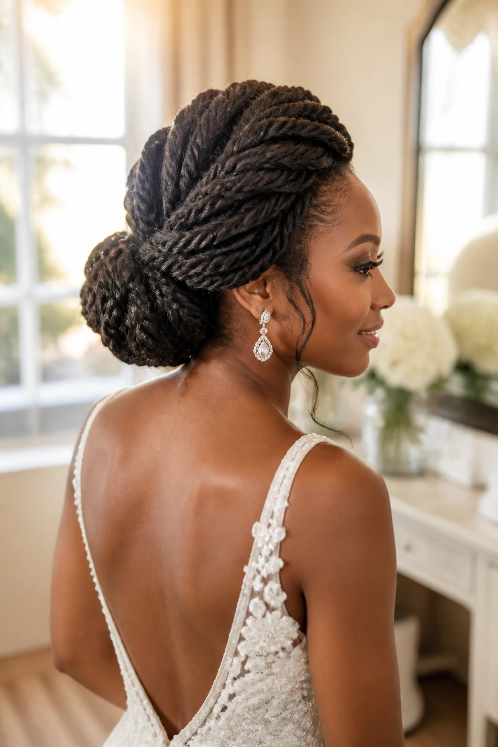 Real woman with rope twists updo and sculpted crown volume