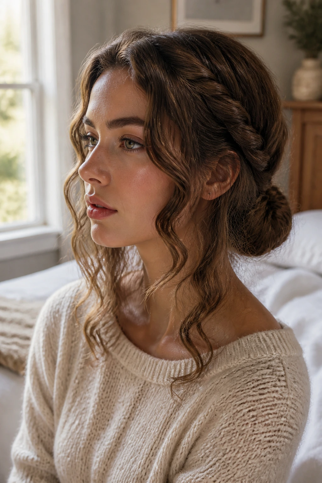 Close-up of a real woman with rope-twist heatless waves and a low bun