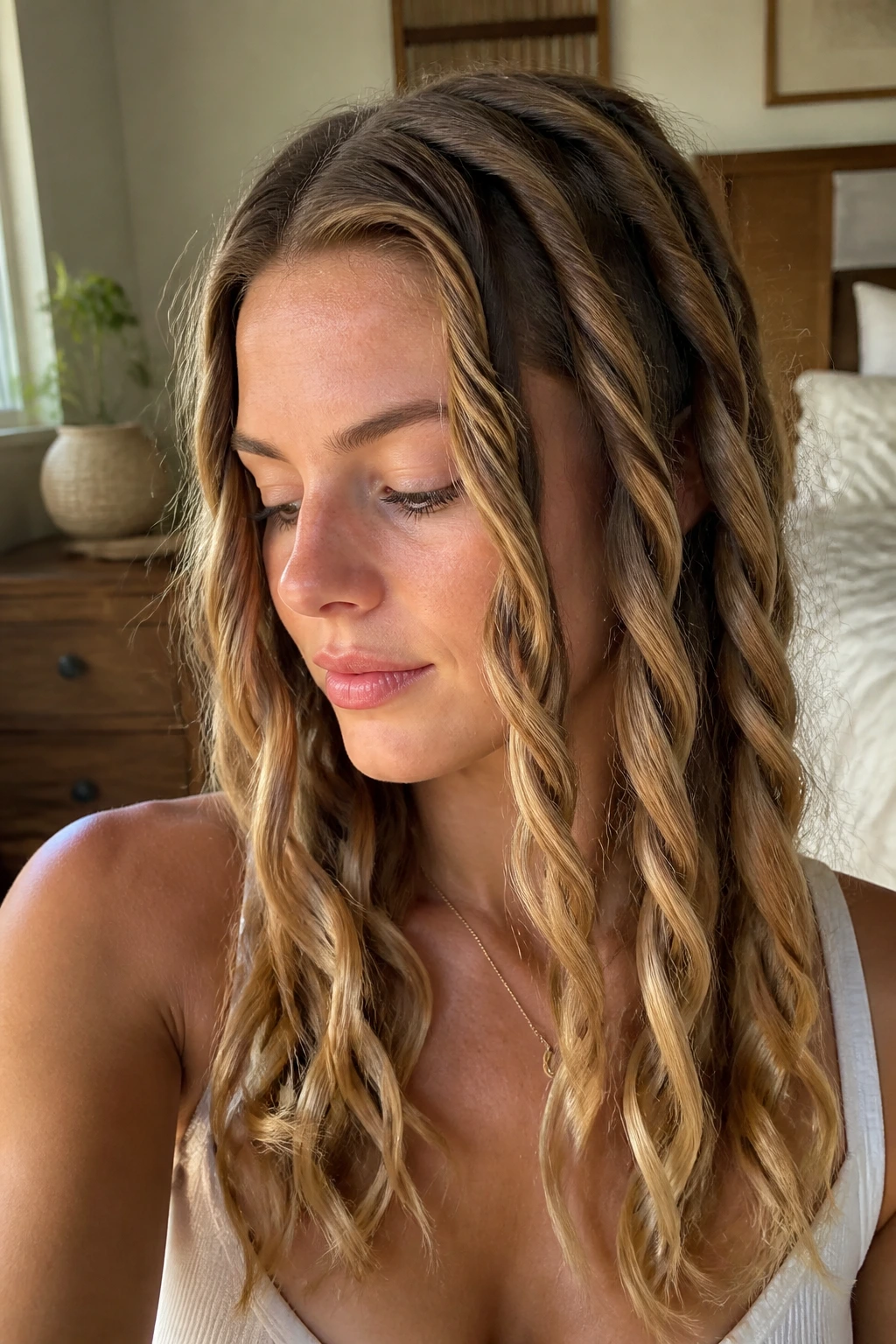 Close-up portrait of a real woman with rope-twist waves on straight hair in a cozy bedroom.
