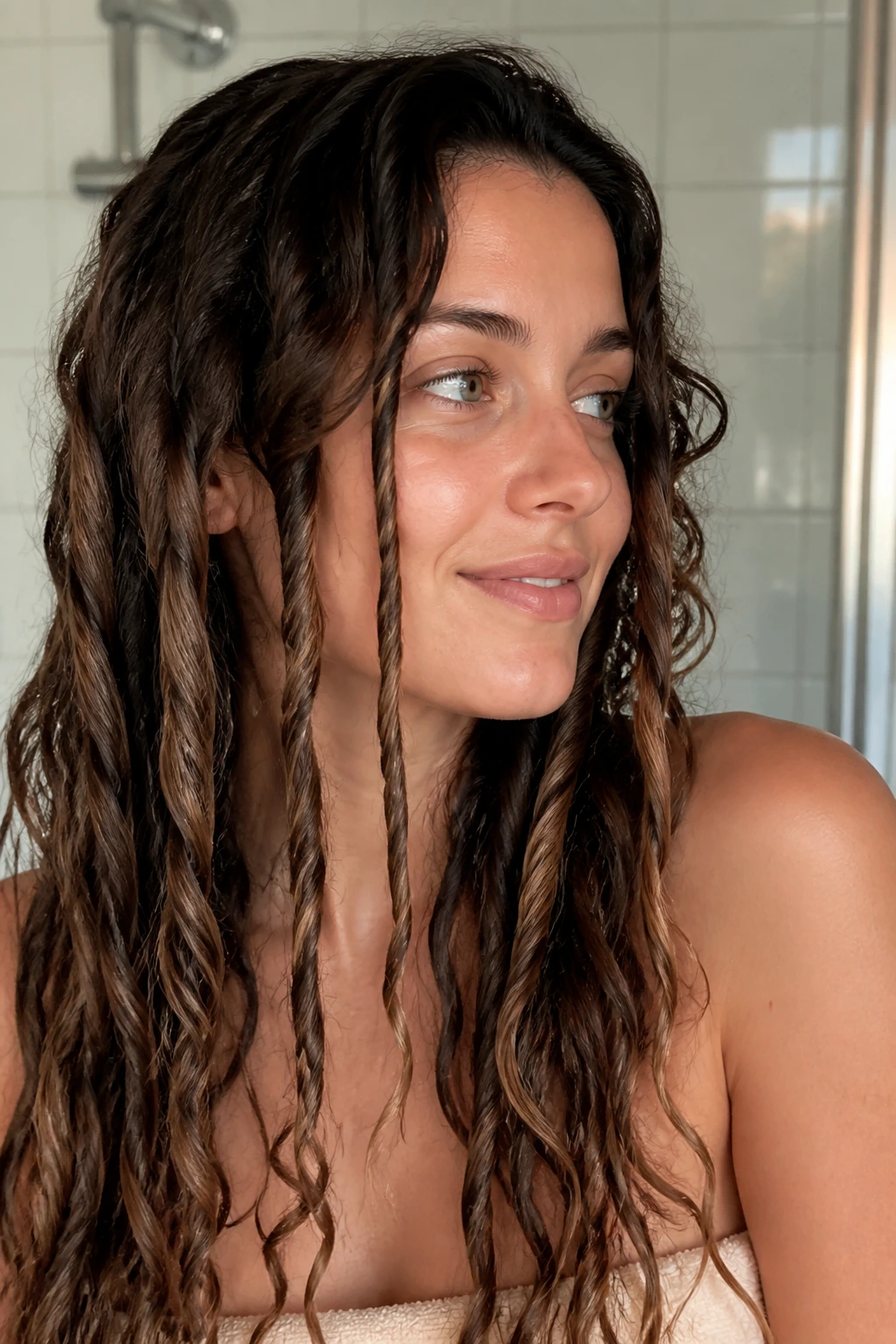 Close-up of a real woman with rope-twist hair for chunky texture.