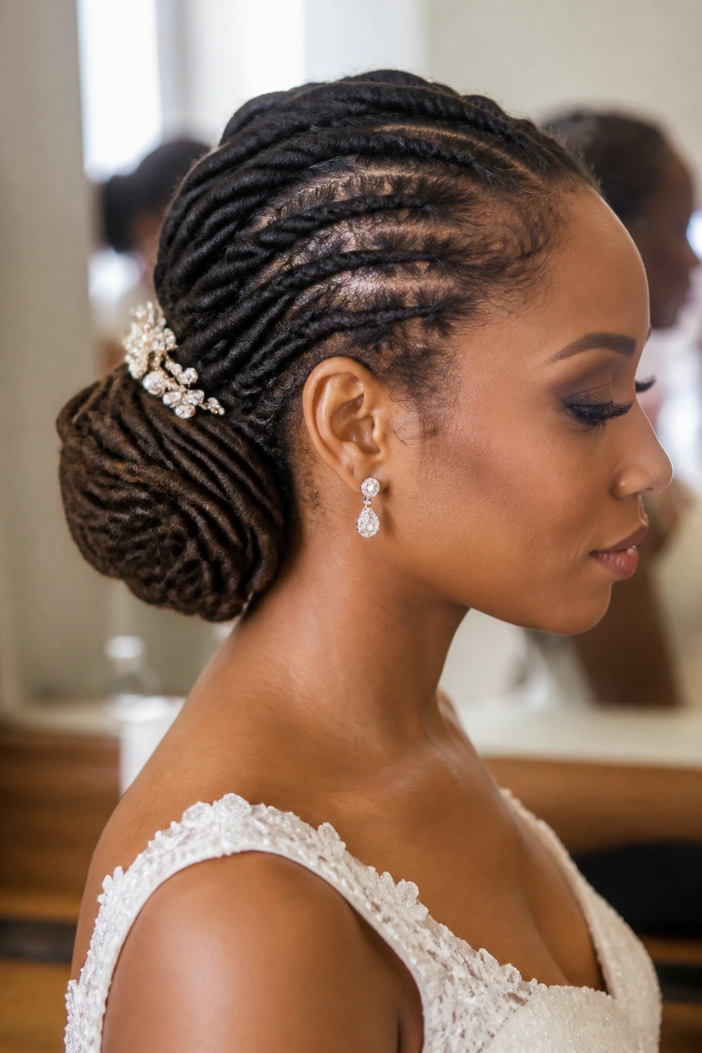 Profile of bride with rope-twisted low bun at the nape