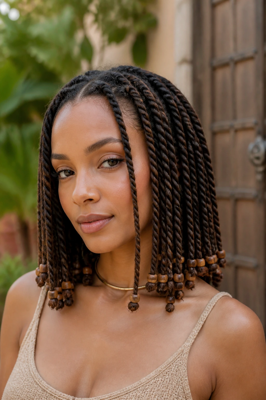 Close-up of rope twists with beaded ends on a real woman outdoors