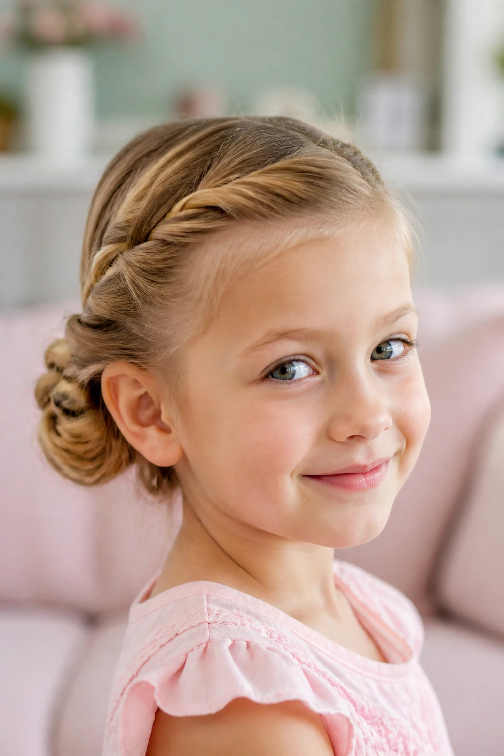 Close-up of a real girl's rope twists forming a low bun.