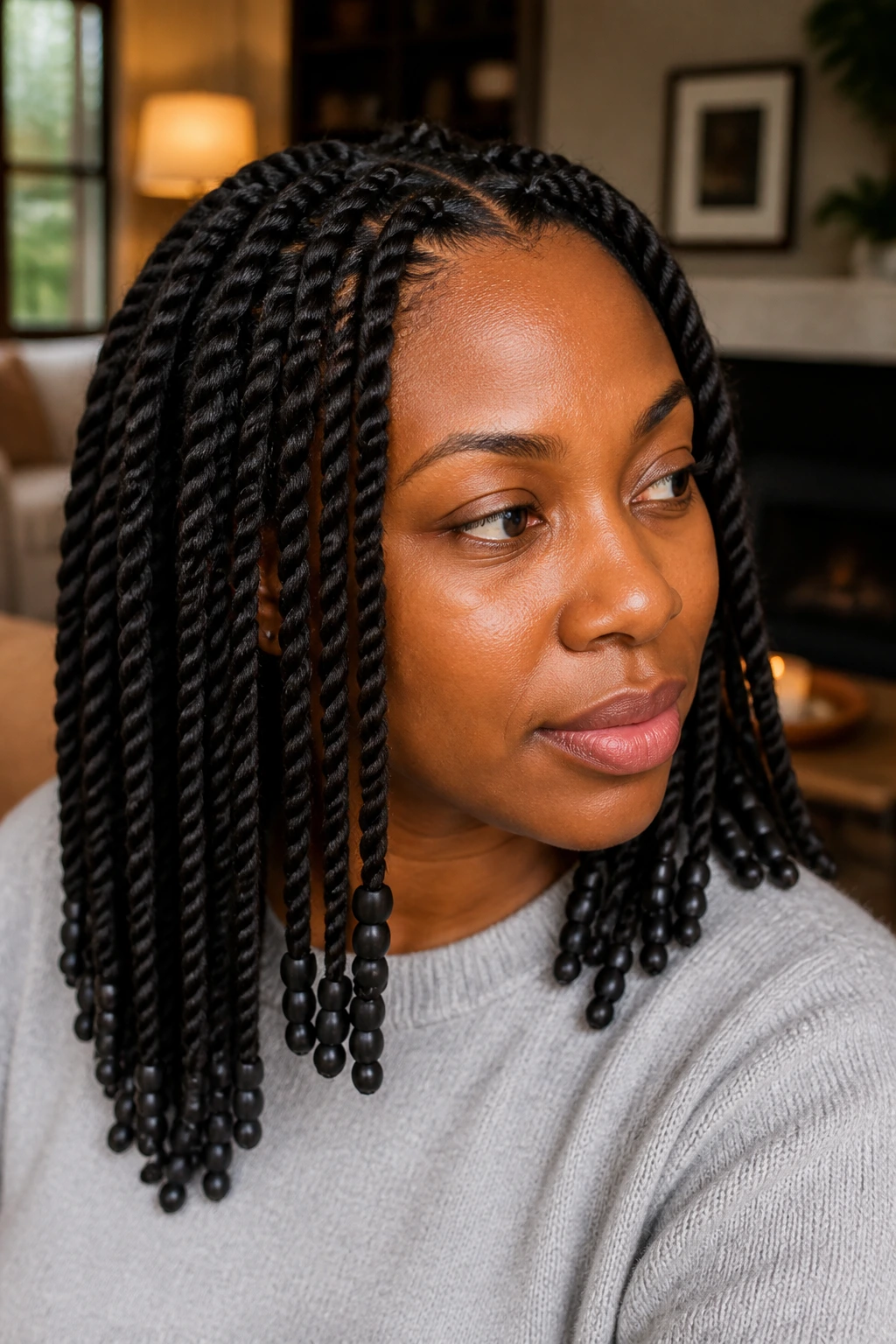Close-up of rope twists ending with matte black beads on a real woman
