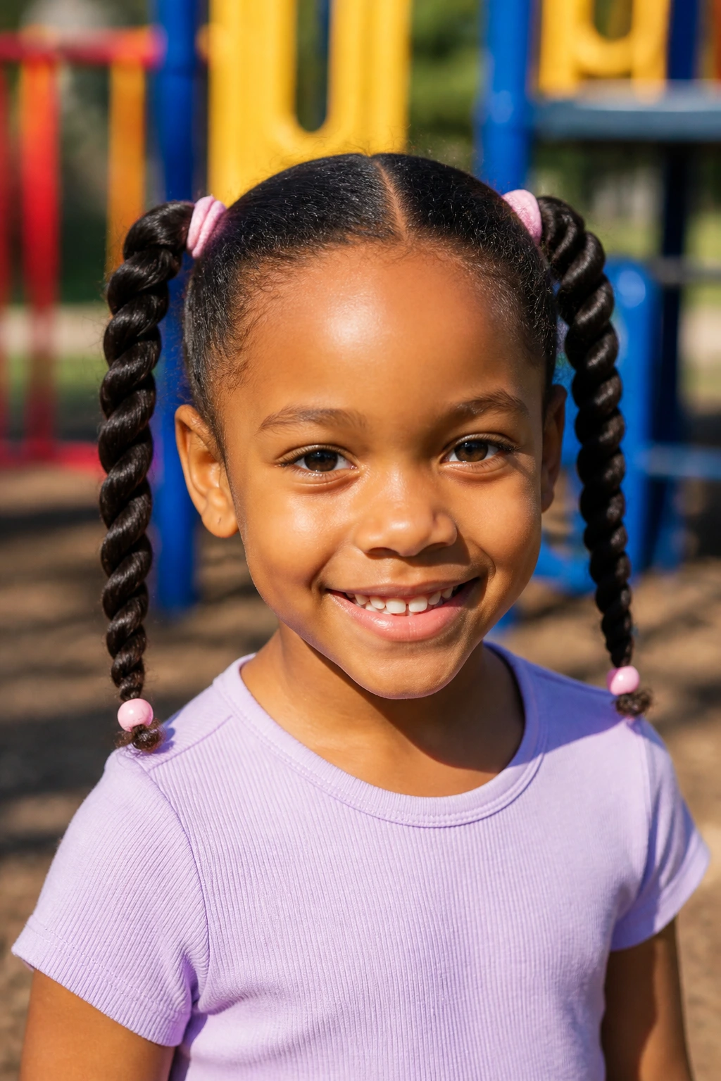 Close-up of a child with rope-twist pigtails in sunny outdoor light