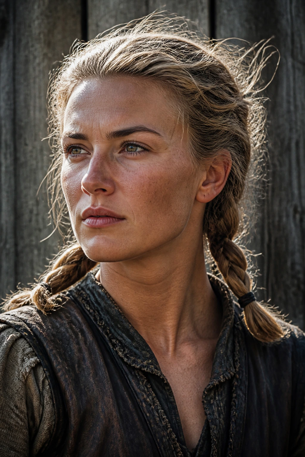 Close-up of a real woman with rope-twist pigtails at the nape in windy outdoor light.