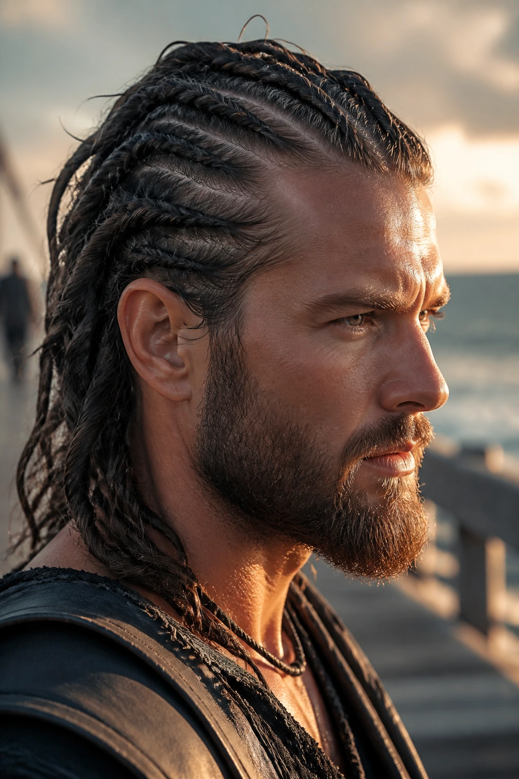 Close-up of a man with rope twists outdoors at golden hour, spiral hair texture