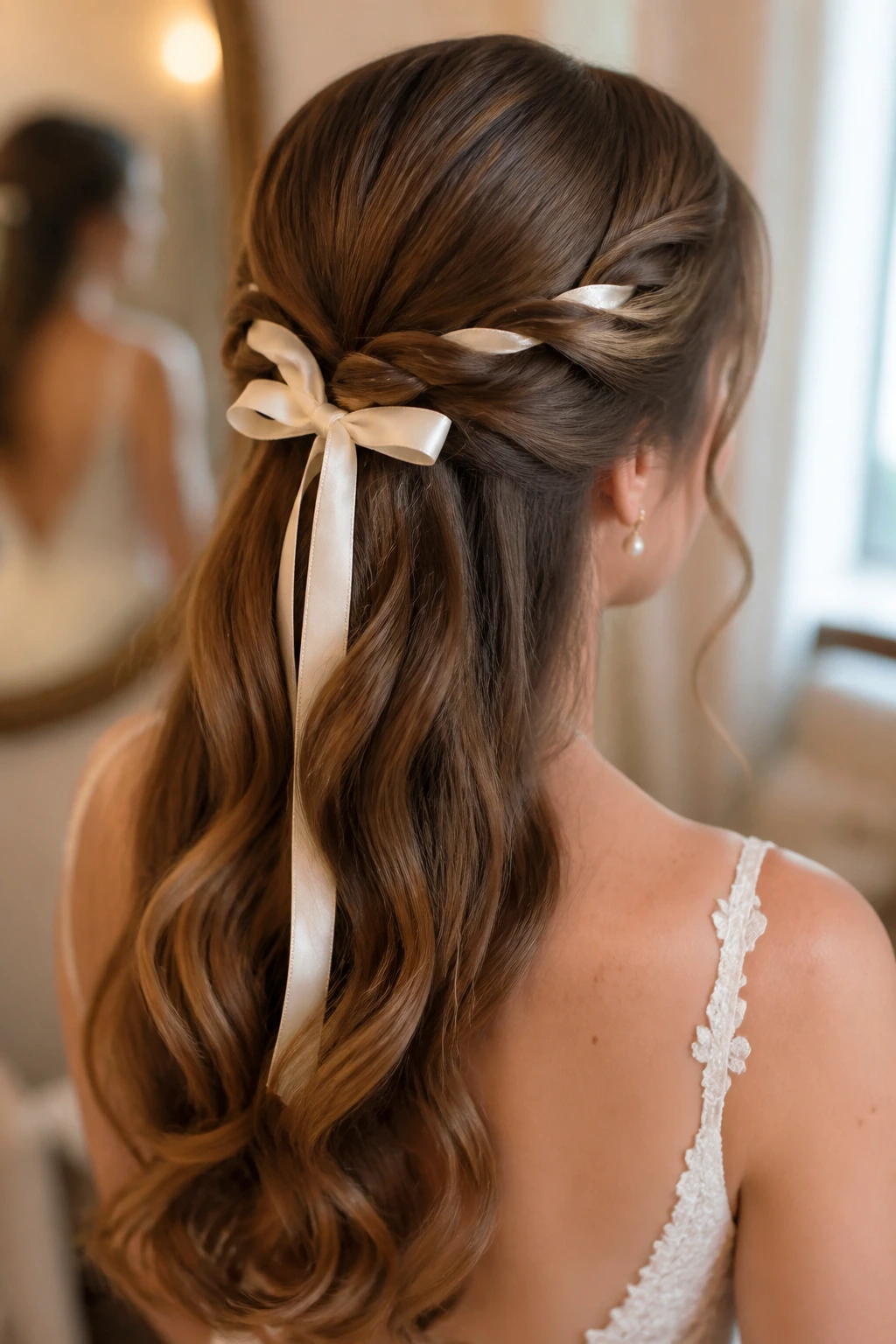 Close-up of rope twists tied with ribbon on a real bride