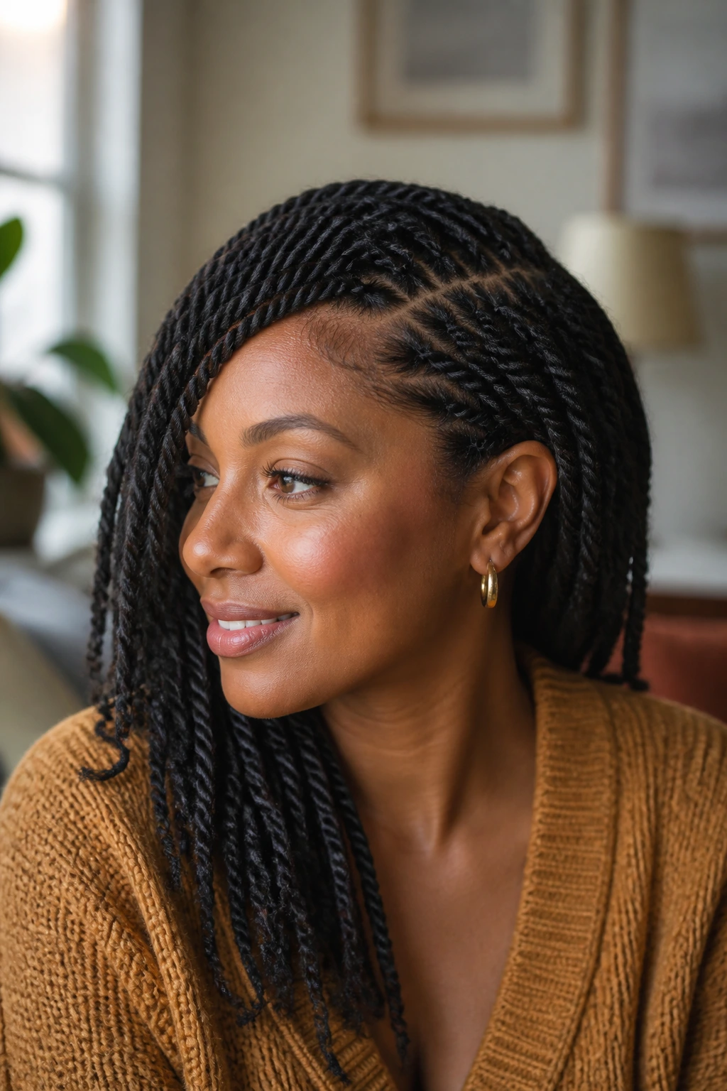 Real woman with side-swept rope twists and a deep side part in soft natural light