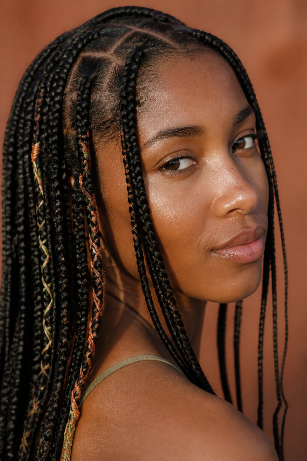 Real person with knotless braids featuring rope-wrapped accents