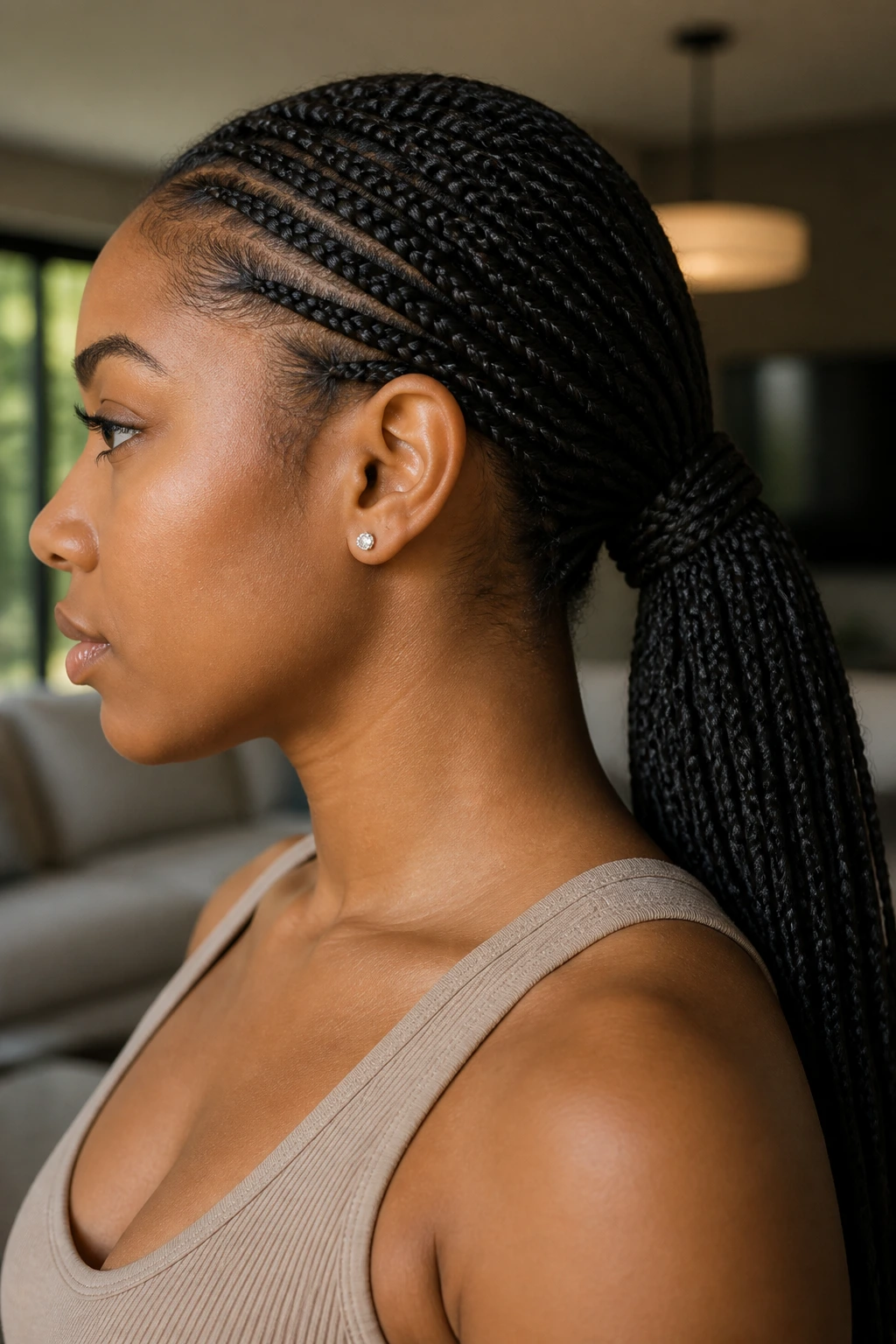 Close-up of a woman with a rope-wrapped ponytail showing a wrap around the elastic