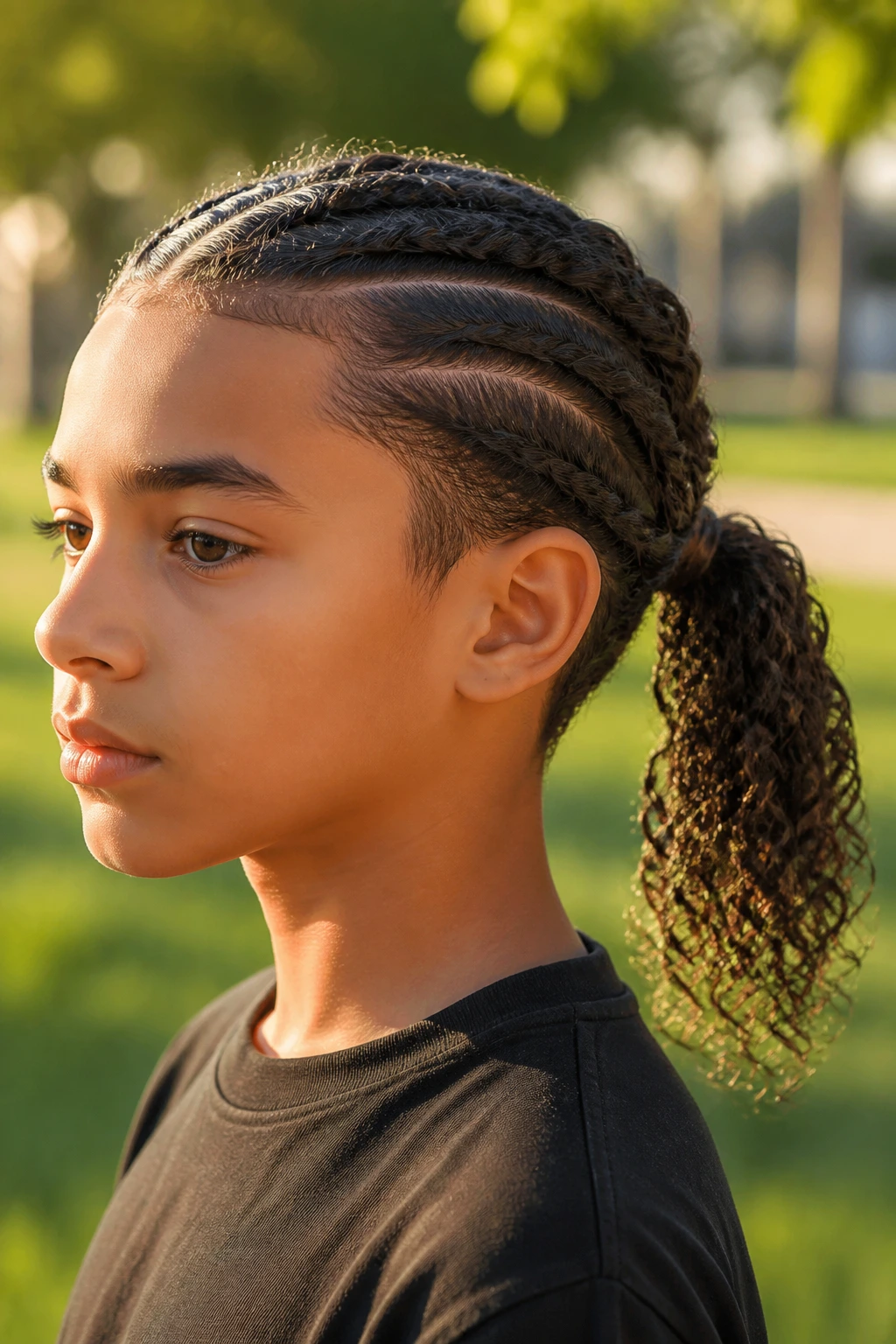 Close-up of a boy with a rope-twist ponytail in an outdoor park
