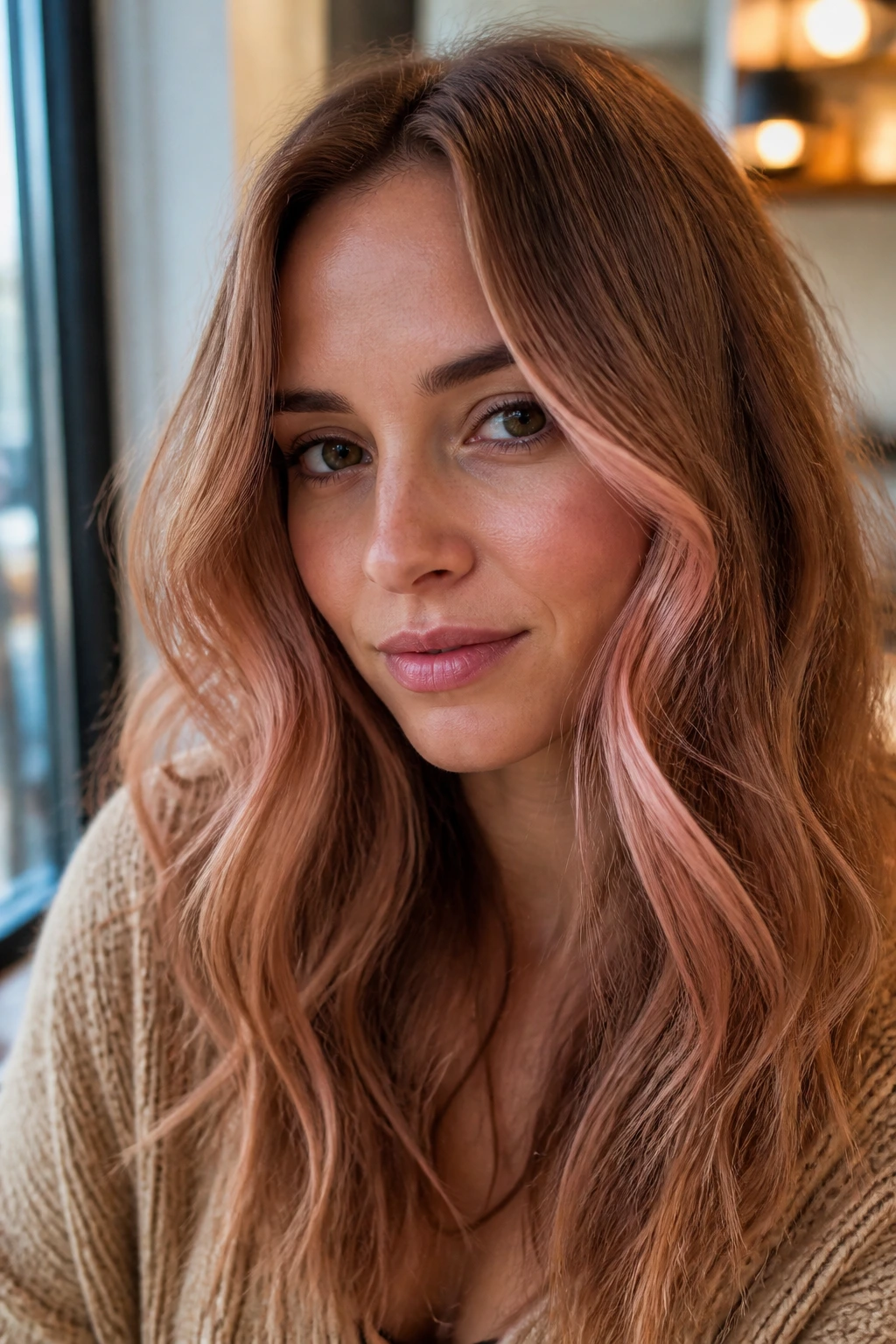 Close-up of woman with rose-amber undertone hair and rosy highlights