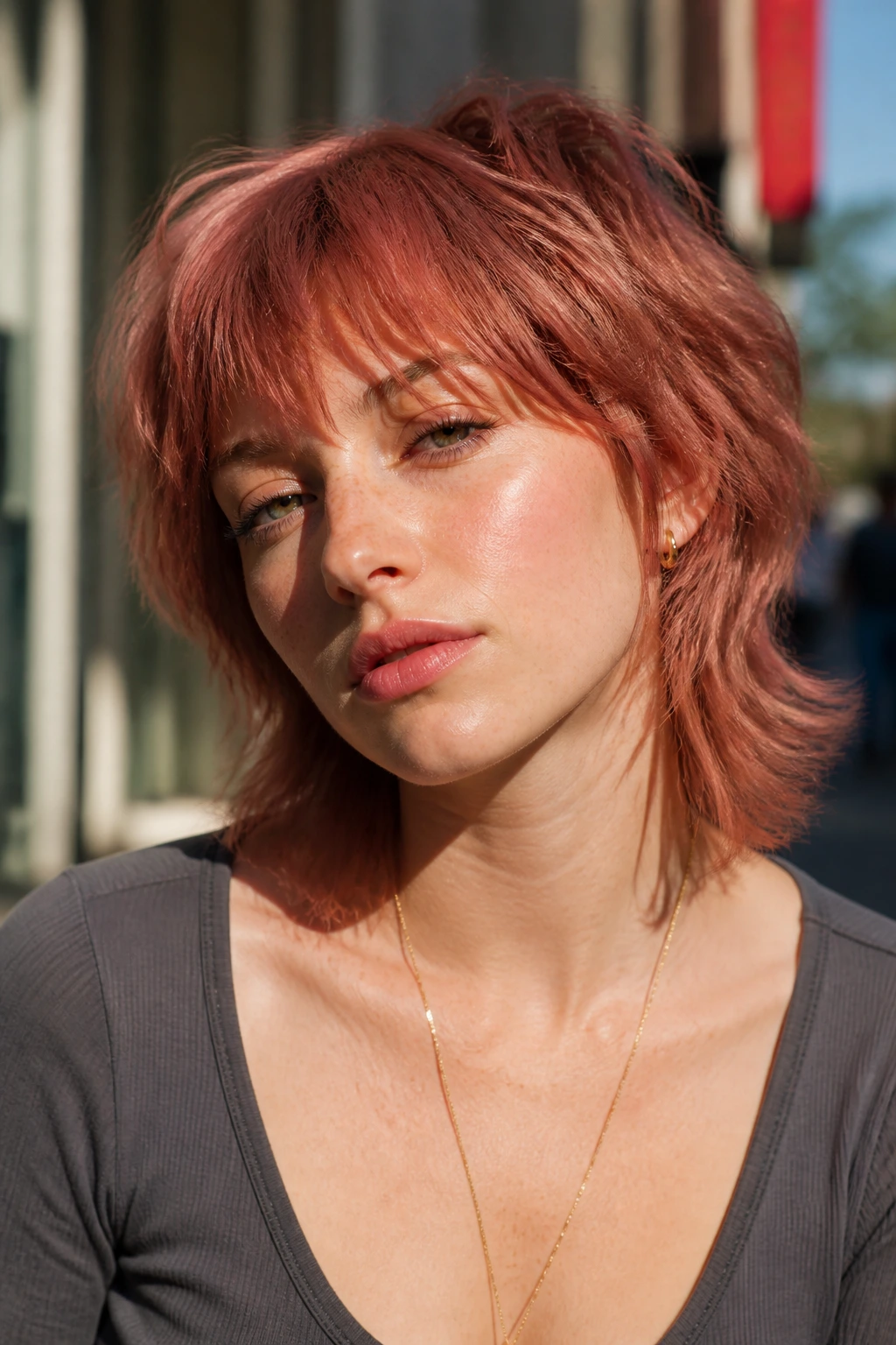 Real person with rose auburn shag mullet highlighting soft blush tones.