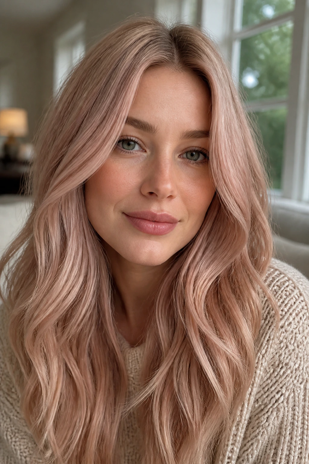 Real woman with rose beige blonde and hint of pink in hair