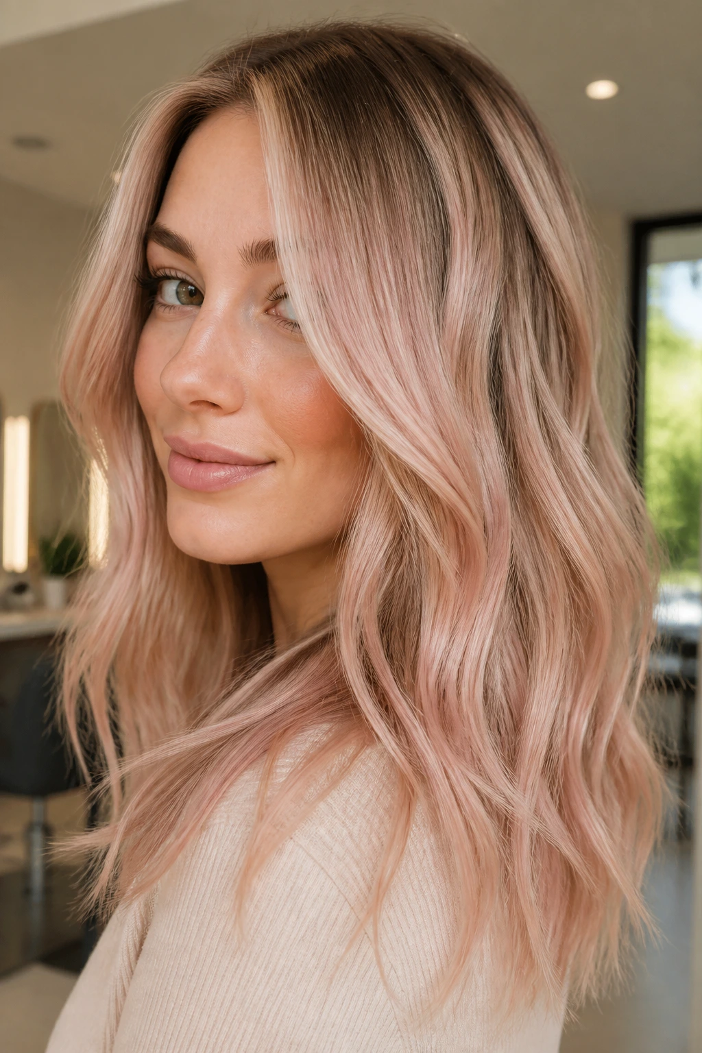 Rose beige foilayage with soft blush cast in hair