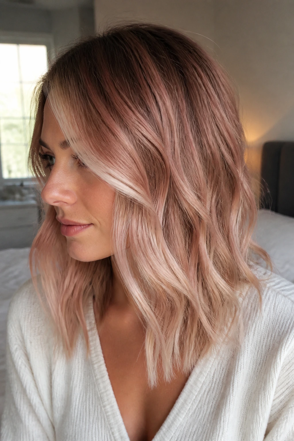 Medium-length hair with rosé beige melt gradient on a real person