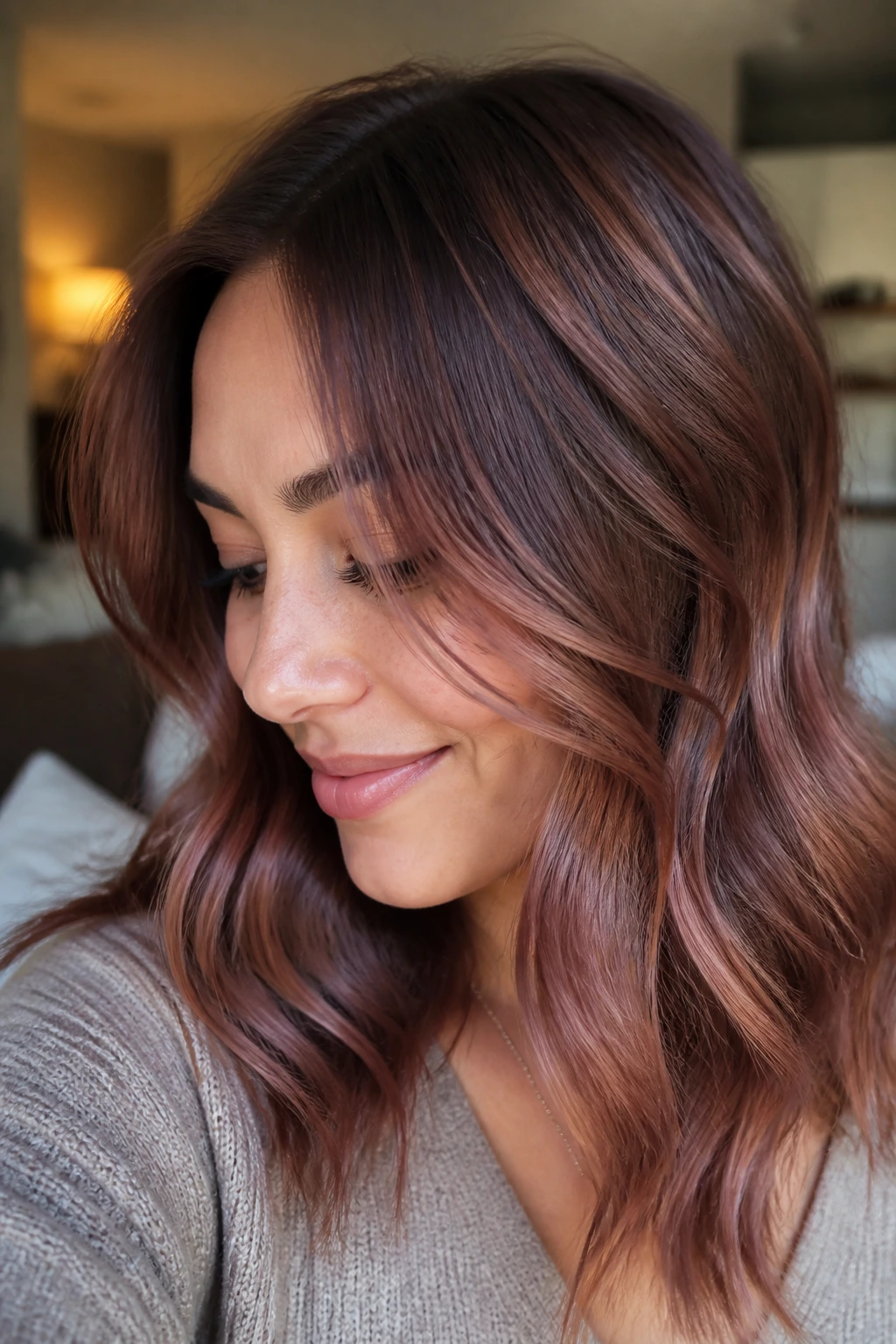 Woman with rose bronze sheen hair in warm indoor light.