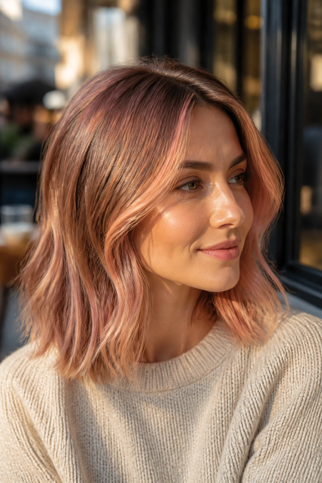 Close-up of a real woman with rose brown hair and an apricot veil in outdoor cafe light.