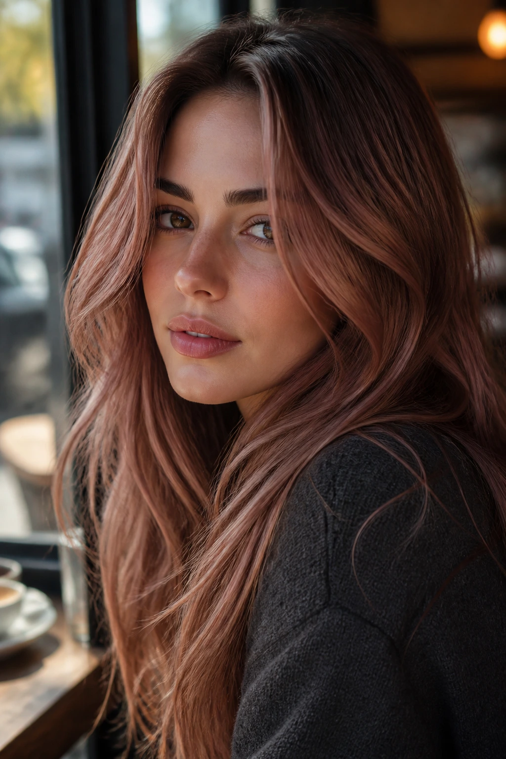 Close-up portrait of a real person with rose brown hair in soft cafe light.