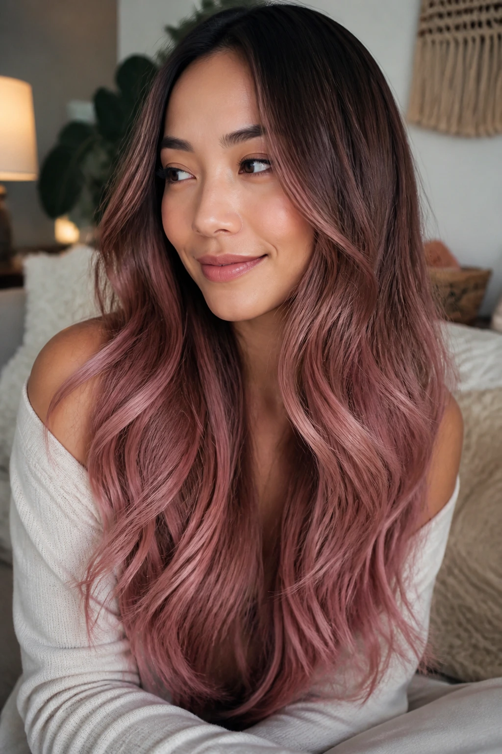 Close-up of a real woman with rose brown to dusty pink ombre on long hair