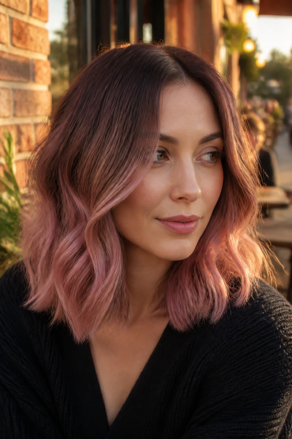 Close-up of real woman shoulder-length rose-brown to dusty-rose ombre.