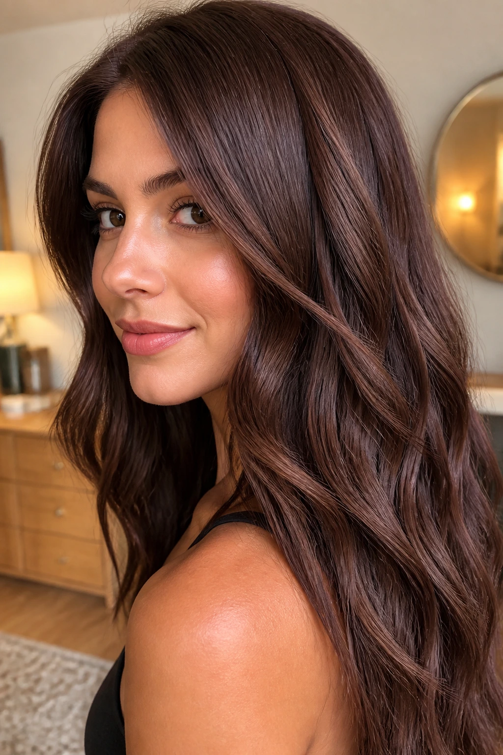 Close-up portrait of a real woman with rose-brown chocolate gloss hair