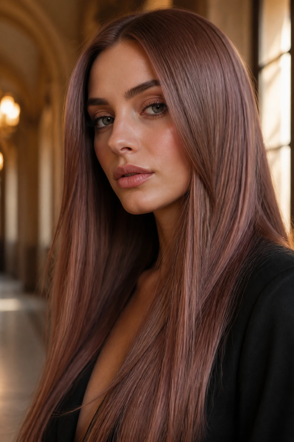 Close-up of a real woman with rose brown hair and dusty pink undertone