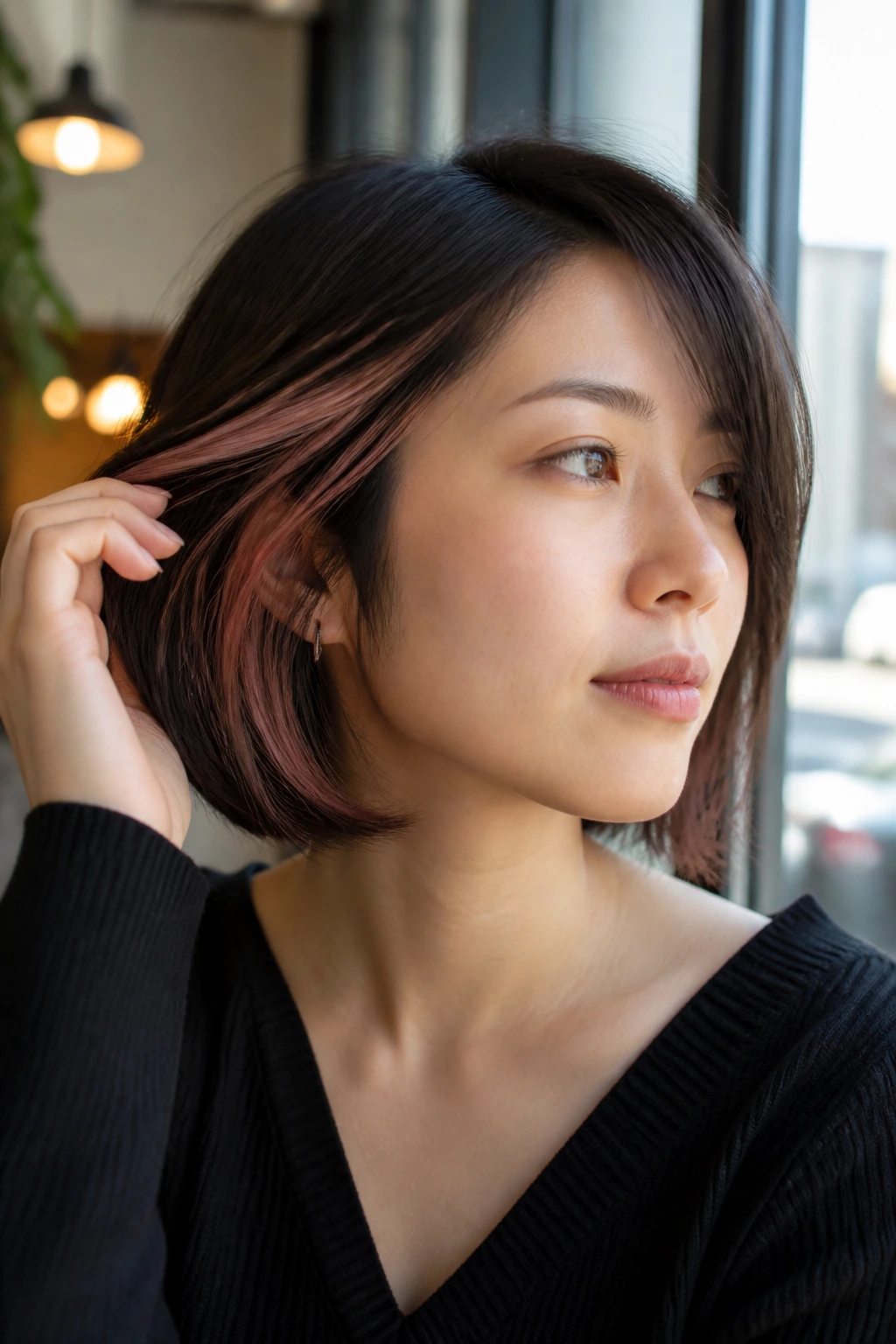 Close-up of a real woman's short hair with rose brown peekaboo underlayers