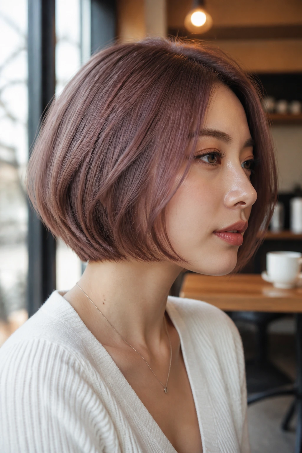 Real woman with rounded bob in rose brown shade under soft window light