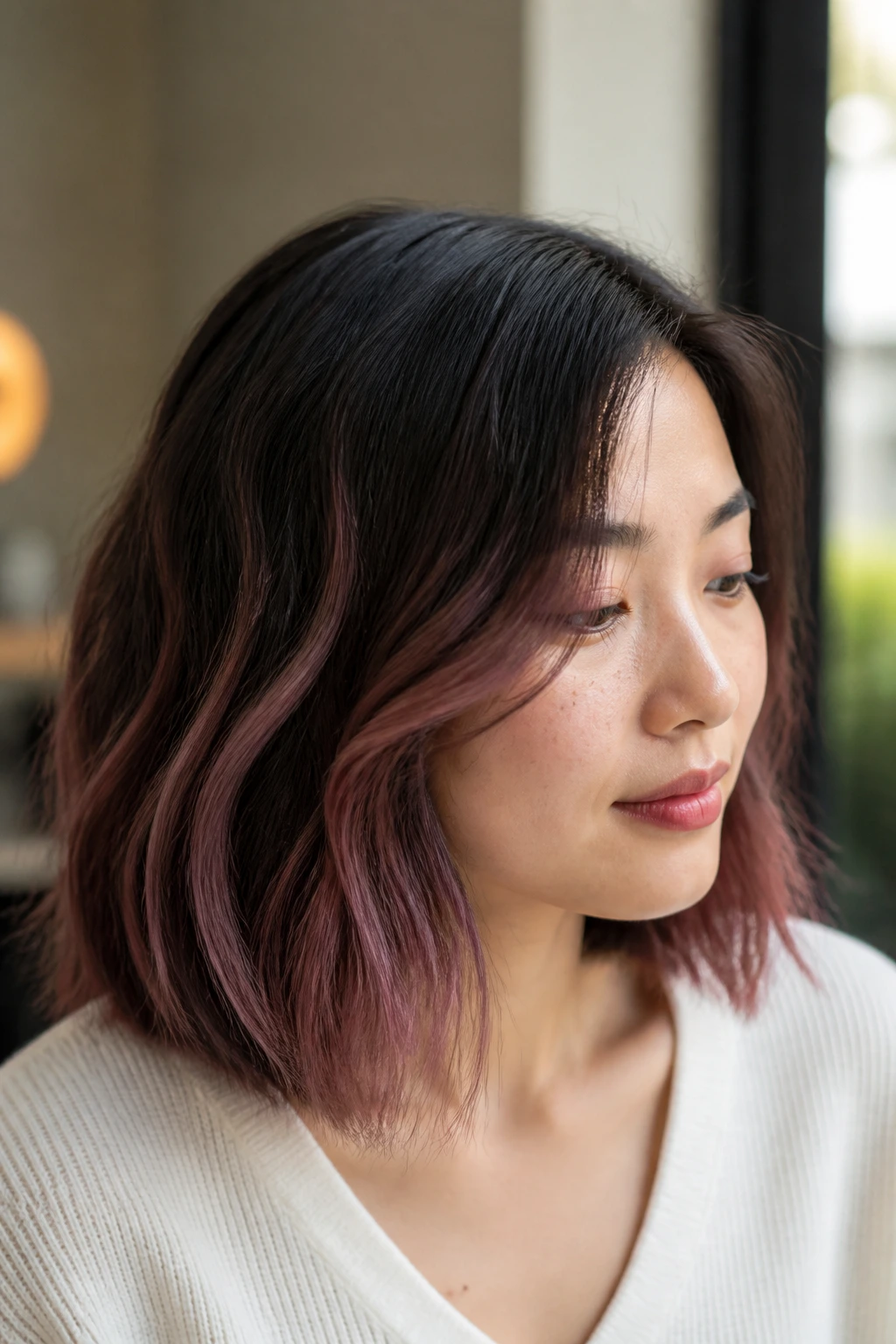 Close-up of a woman with rose brown veil on outer layers of shoulder-length hair.