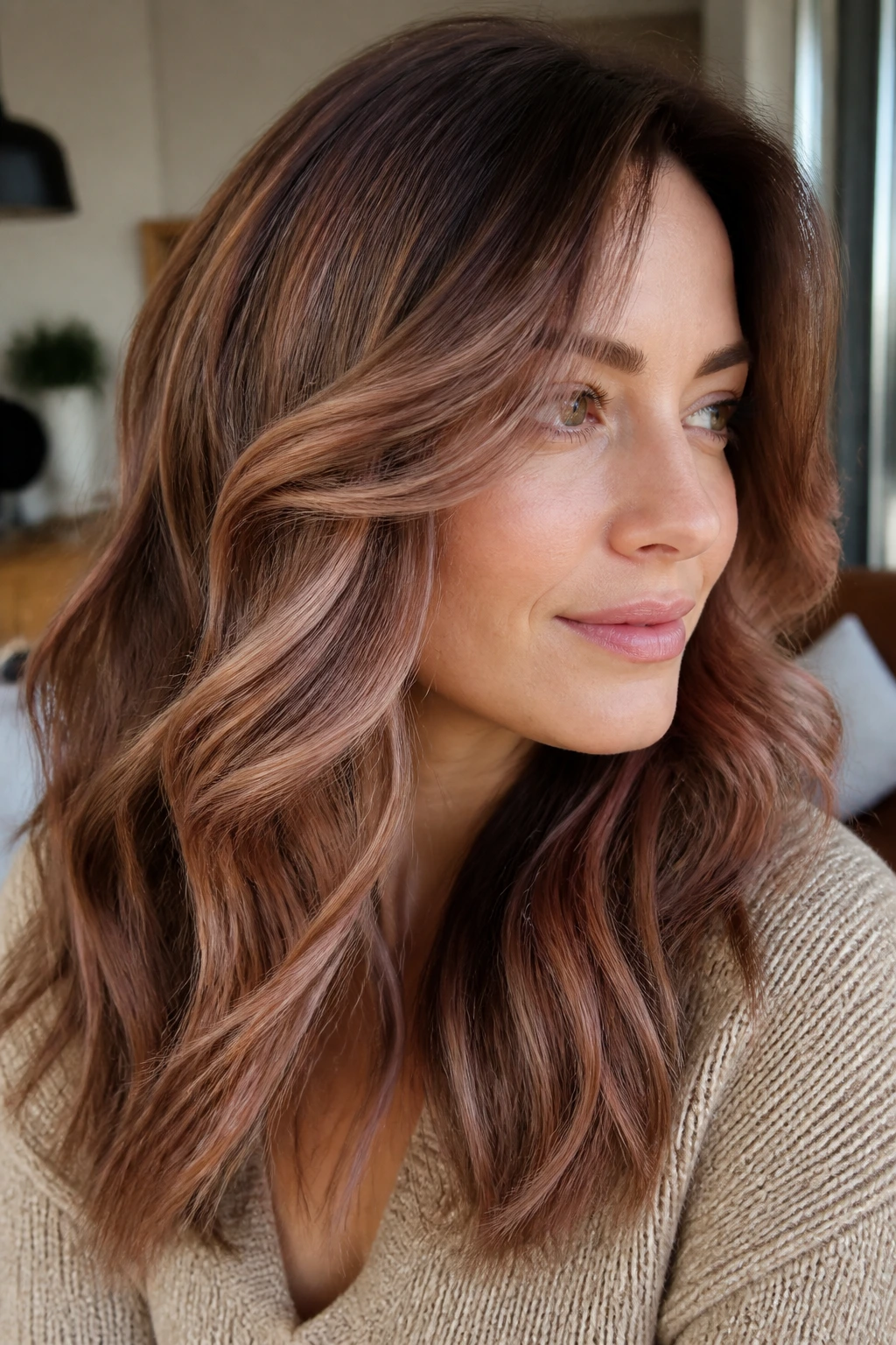 Close-up portrait of a woman with rose caramel and brown depth hair in soft waves