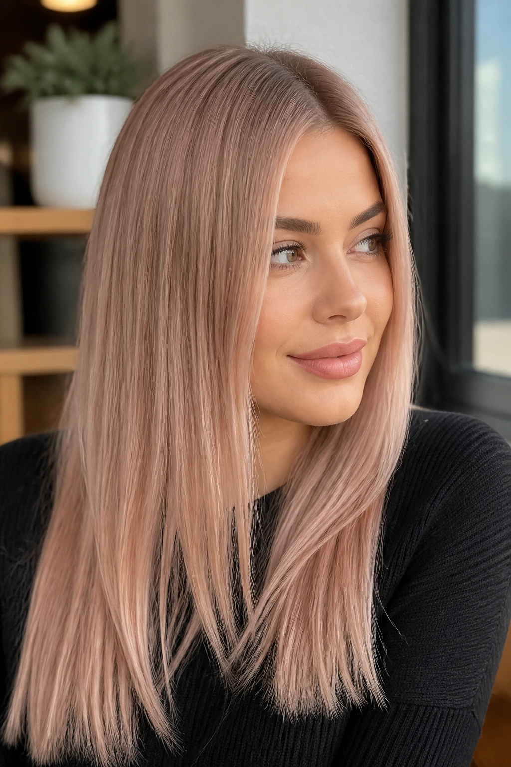 Close-up of real person with rose champagne blonde hair