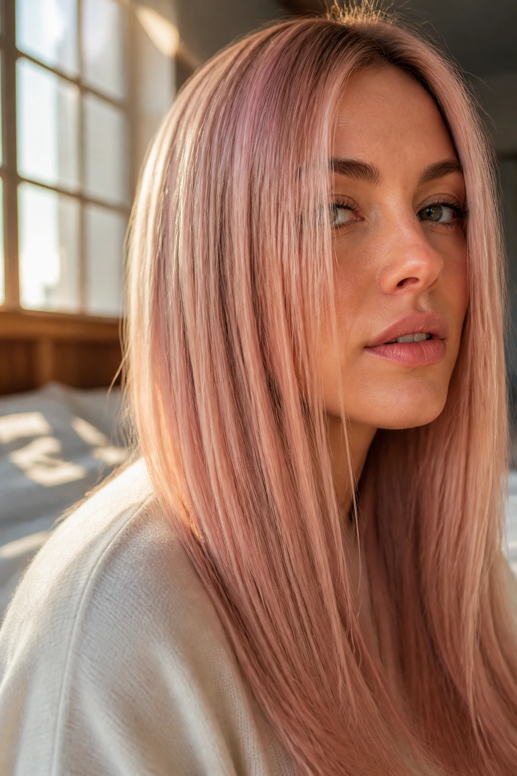 Close-up of rose champagne blonde hair on a real woman in natural light