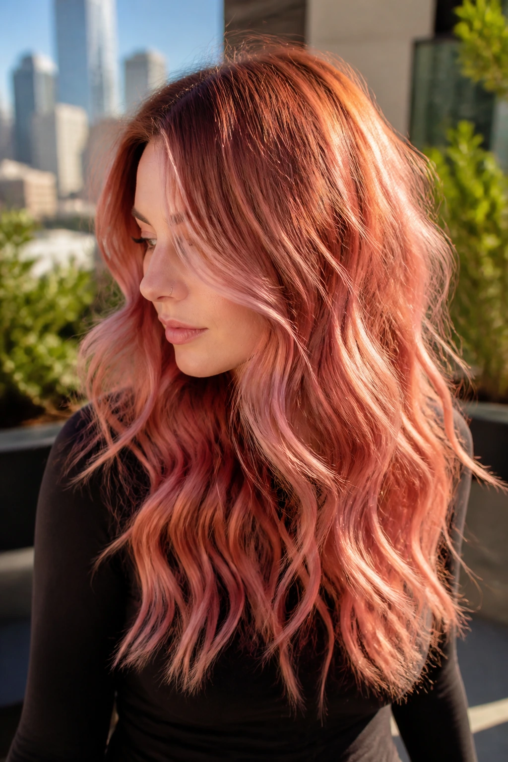 Close-up of a real woman with rose-copper balayage on long waves in sunlight.