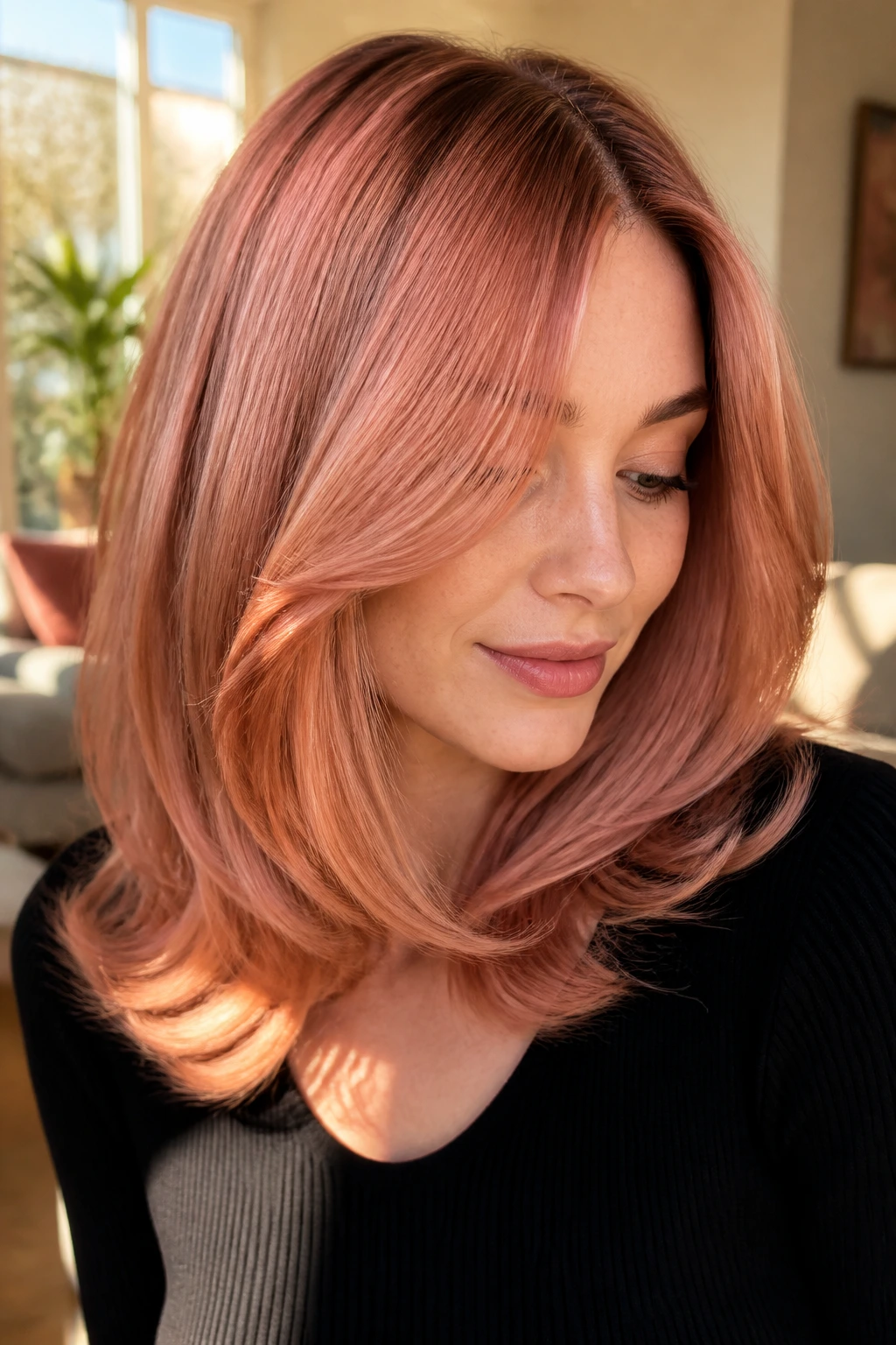 Close-up of a real woman with a rose copper blowout in warm window light