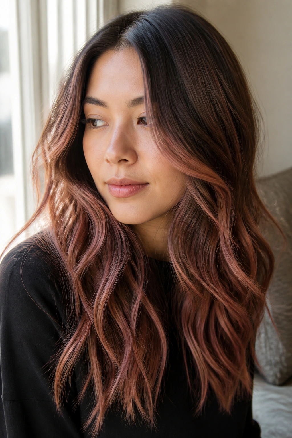 Close-up of brunette hair with a rose-copper melt blending through the ends