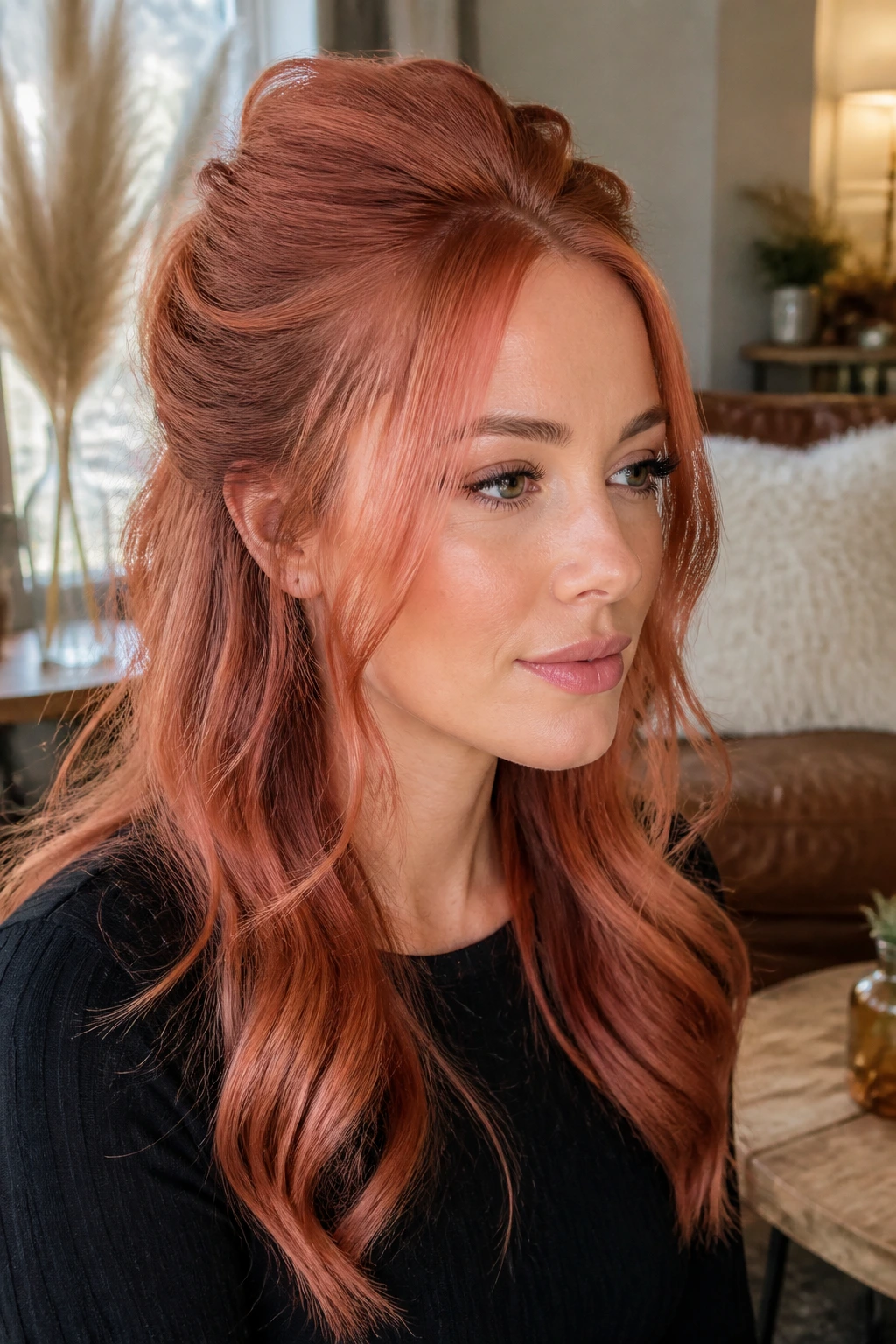 Close-up portrait of a real woman with rose copper half-up hairstyle