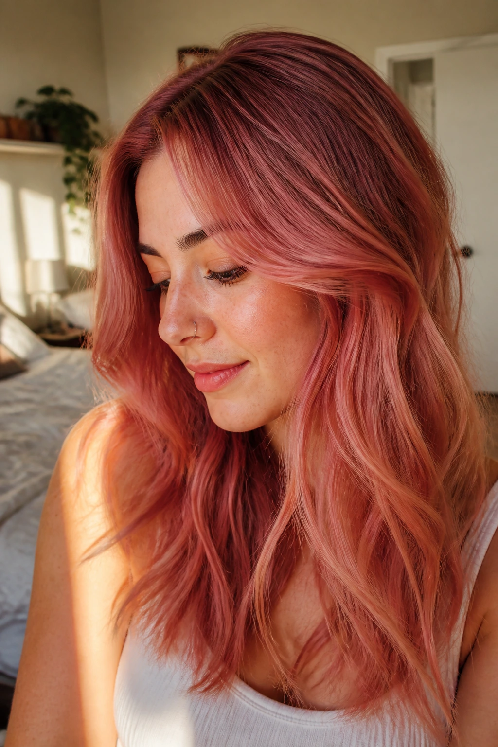 Close-up of a real person with rose copper melt gradient in warm light.