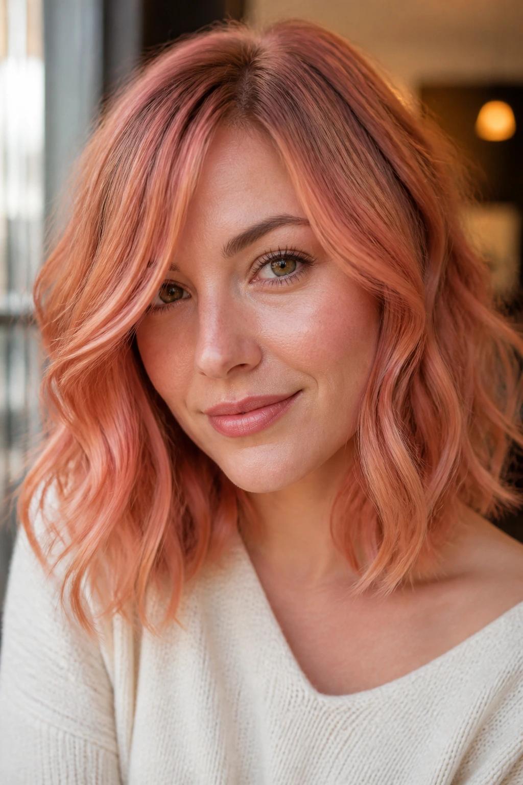 Portrait of a real person with rose copper hair and peach undertones