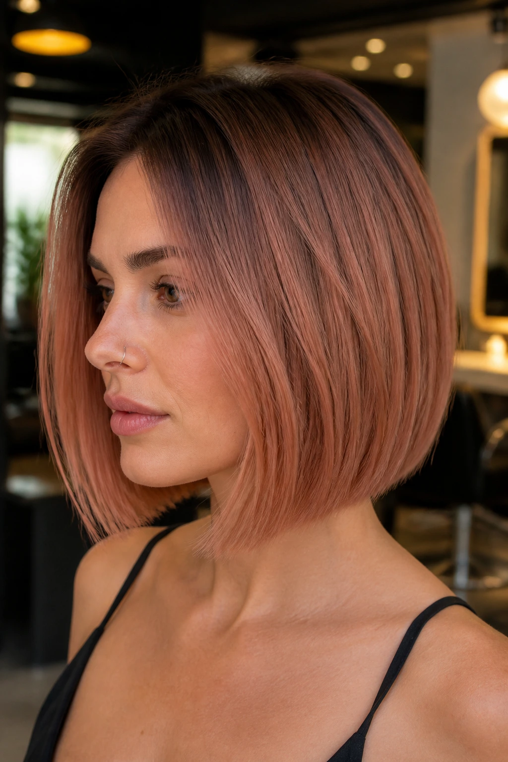 Real person with rose copper bob and shadow root in stylish salon