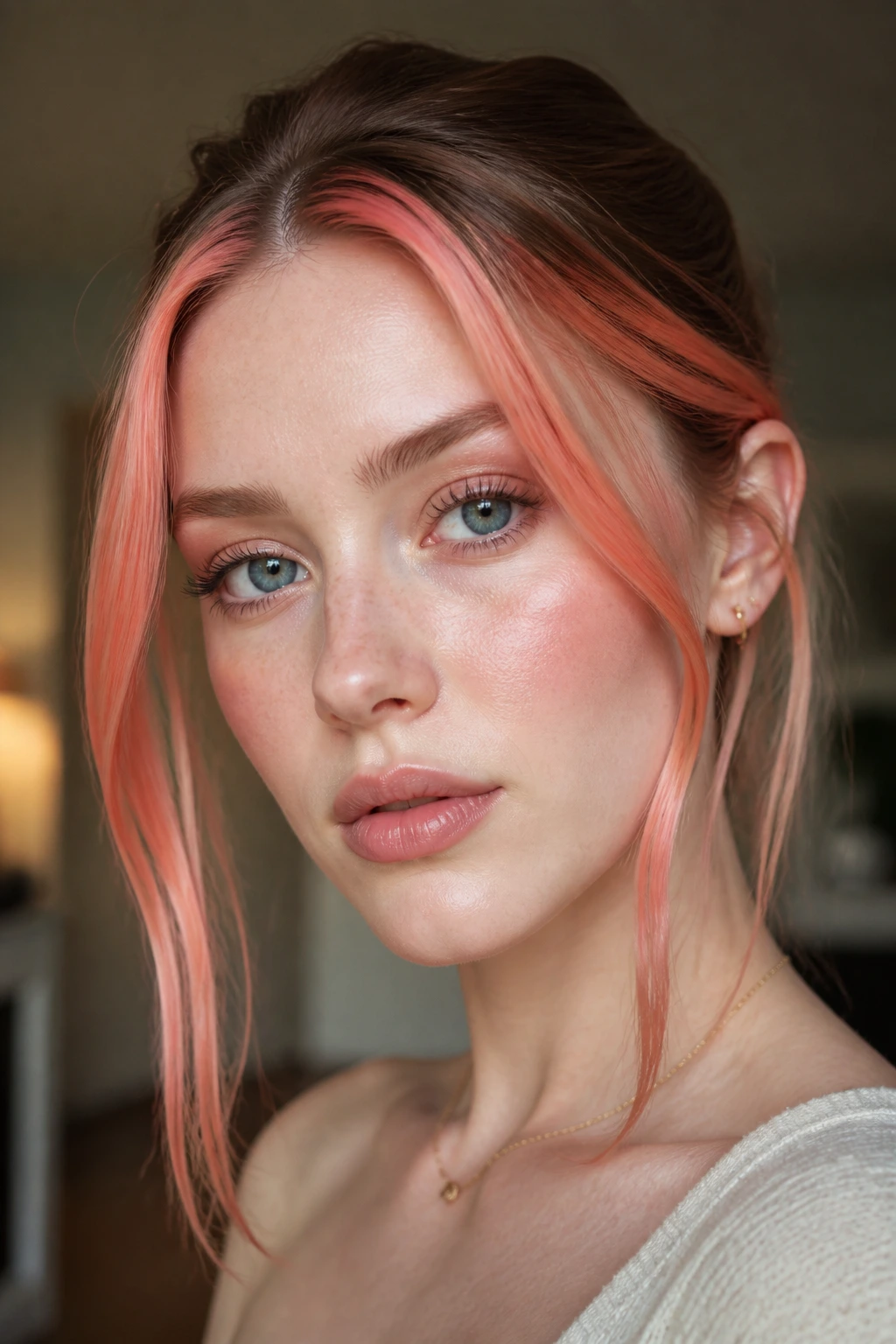 Portrait of pale-skinned person with rose coral face-framing panels.