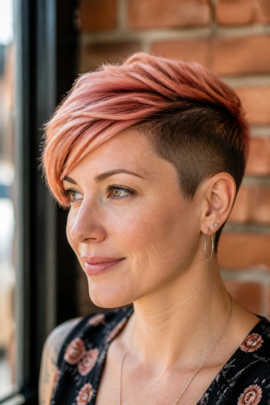 Close-up portrait of a woman with a rose-ginger pixie undercut in cafe window light