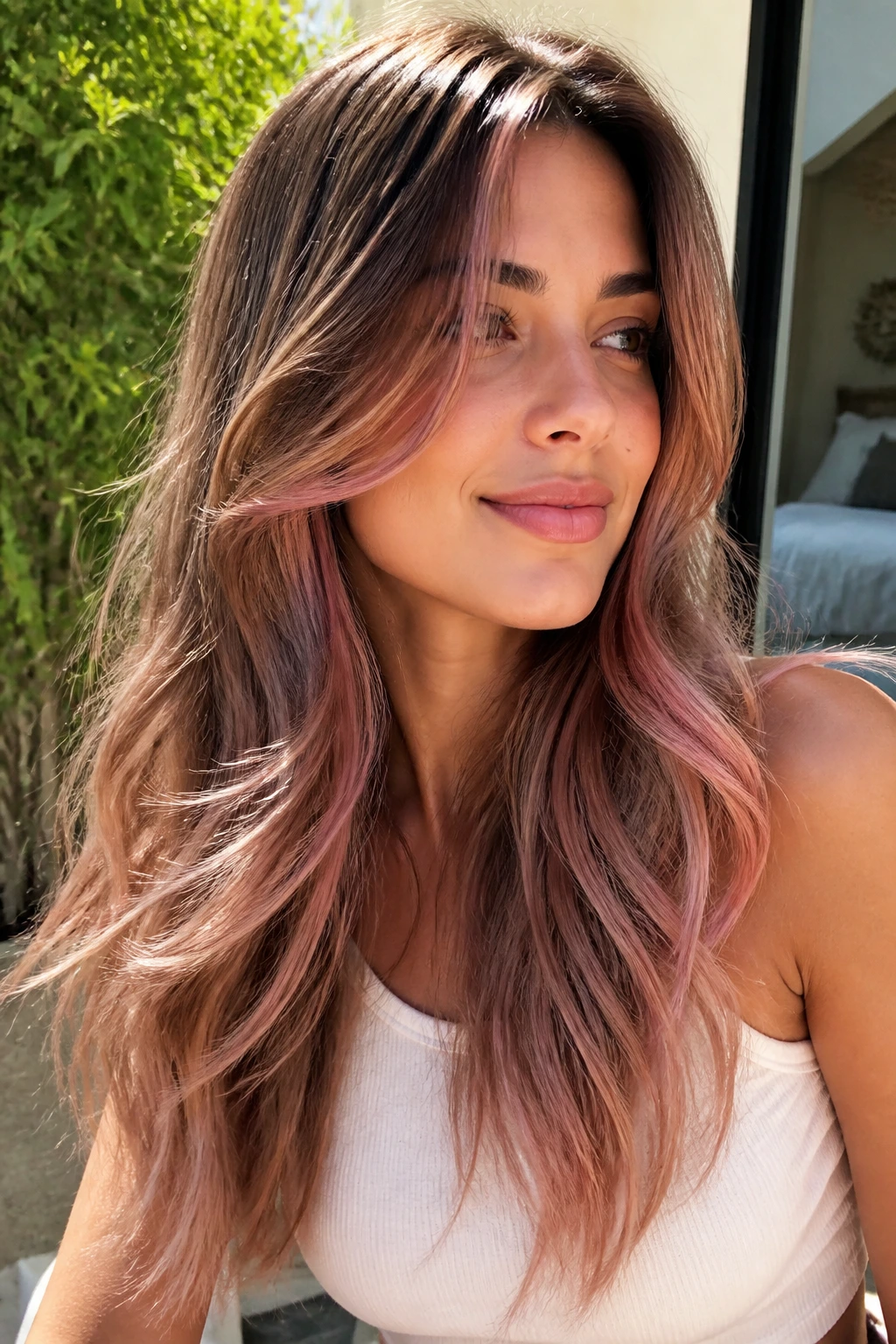 Close-up of a real woman with airy long layers and rose gold accents