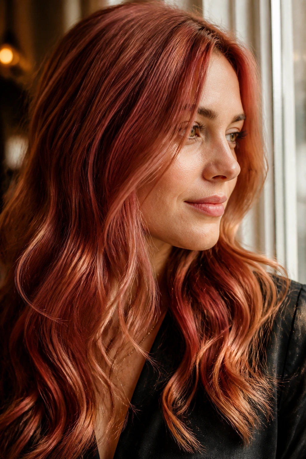 Auburn hair with rose gold glaze in window light